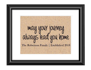 May Your Journey Always Lead You Home will make a great addition to your home decor. Print features family last name and established date.  May Your Journey Always Lead You Home Personalized Burlap or Cotton Print