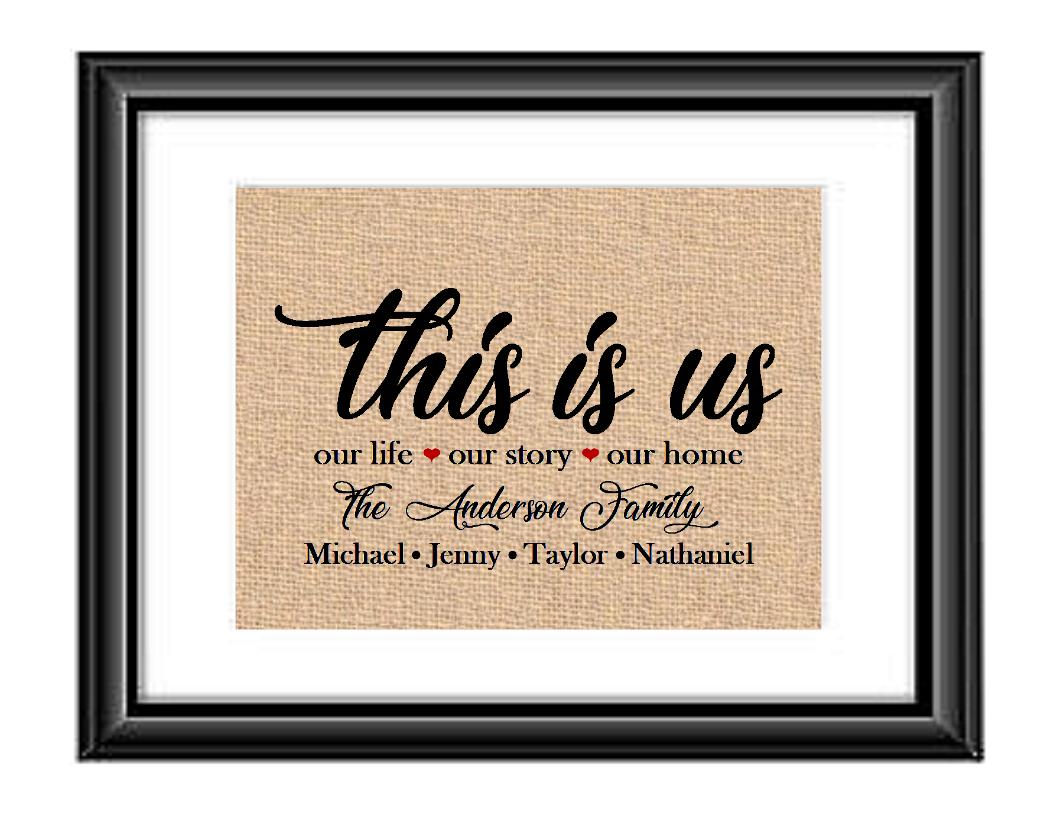 This is the Perfect Gift for your special family or makes a great gift for someone elses. Print is personalized with family last name and family members first names. This is one of those unique pieces that any family will be proud to display in you home.  This is us Our Life Our Story Our Home Personalized Family Burlap or Cotton Print