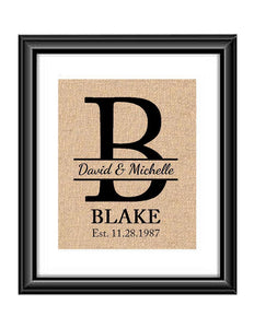 This personalized handmade burlap or cotton print is a great gift for any wedding couple! Print includes the couple's first names, last name, large letter monogram, and wedding/anniversary date!  Family Last Name Monogrammed Personalized Burlap or Cotton Print