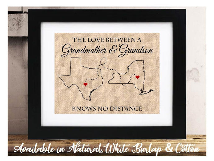 The Love Between a Grandmother and Grandson Know no Distance Christmas Gift for Grandma from Grandson Long Distance Family Map Two States