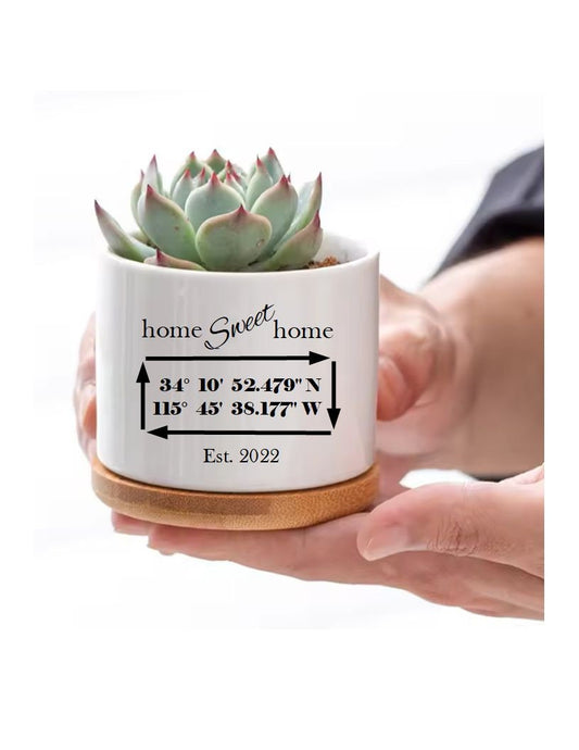 Home Sweet Home Housewarming Gift Realtor Gift GPS Coordinates Personalized Custom Succulent Flower Pot Planter New Home Gift Closing Gift