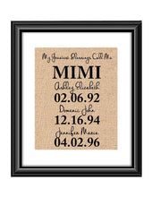 This handmade burlap print is the perfect gift for Mimi, Mom, Dad, Nana, Grandma - whatever you call that special person in your life! Ideal for many occasions like Christmas, Mother's Day, Father's Day, birthdays, any holidays, and more!  My Greatest Blessings Call Me MIMI Burlap or Cotton Personalized Print