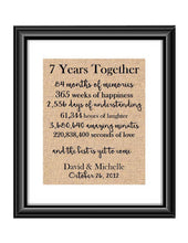 This is the perfect 7 year anniversary gift for that special lady or gentleman in your life. This particular print also makes a great wedding gift for that special couple.  7 Year Together Anniversary Burlap or Cotton Personalized Print