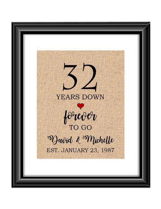 32 Years down forever to go is a personalized anniversary print to show that special loved one just how much you appreciate them. This makes for the perfect gift for your husband, wife, partents or any other couple celebrating 32 years!  32 Years Down Forever to Go Personalized Anniversary Burlap or Cotton Print