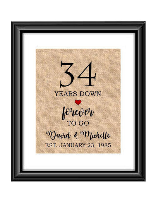 34 Years down forever to go is a personalized anniversary print to show that special loved one just how much you appreciate them. This makes for the perfect gift for your husband, wife, partents or any other couple celebrating 34 years!  34 Years Down Forever to Go Personalized Anniversary Burlap or Cotton Print
