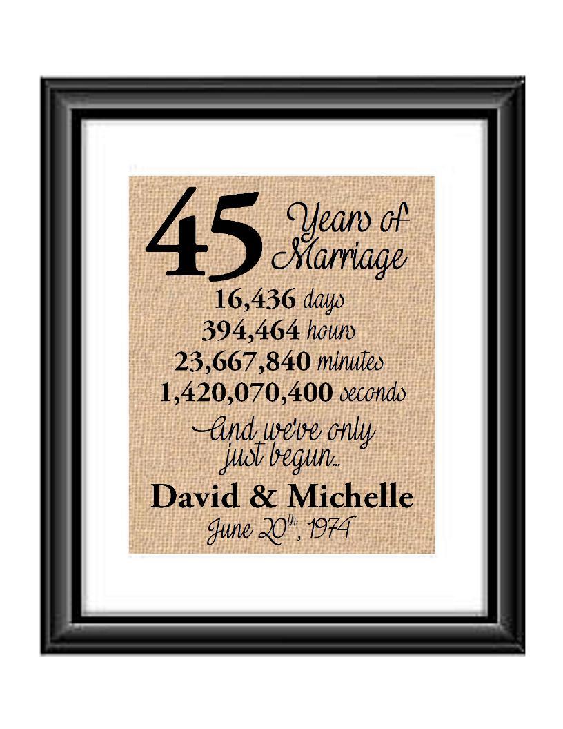 This is the perfect 45 year anniversary gift for that special lady or gentleman in your life. This particular print also makes a great wedding gift for that special couple.  45 Years of Marriage And We've Only Just Begun Anniversary Burlap or Cotton Personalized Print