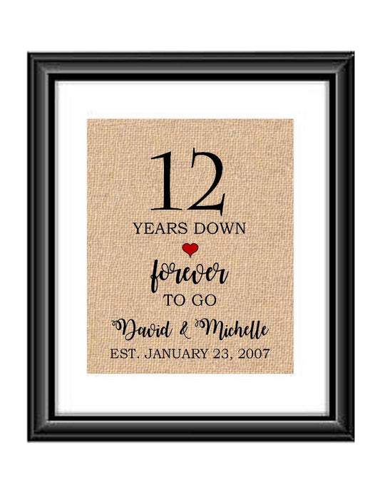 12 Years down forever to go is a personalized anniversary print to show that special loved one just how much you appreciate them. This makes for the perfect gift for your husband, wife, partents or any other couple celebrating 12 years!  12 Years Down Forever to Go Personalized Anniversary Burlap or Cotton Print