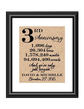 This is a great anniversary gift for that special couple celebrating 3 years of marriage. Print comes personalized with couples first names and wedding date.  3rd Anniversary And we've Only Just Begun Personalized Burlap or Cotton Print