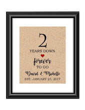 2 Years down forever to go is a personalized anniversary print to show that special loved one just how much you appreciate them. This makes for the perfect gift for your husband, wife, partents or any other couple celebrating 2 years!  2 Years Down Forever to Go Personalized Anniversary Burlap or Cotton Print