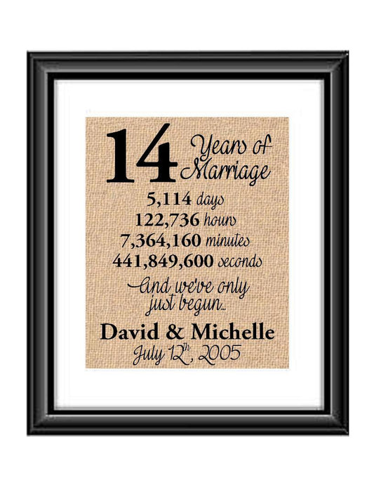 This is the perfect 14 year anniversary gift for that special lady or gentleman in your life. This particular print also makes a great wedding gift for that special couple.  14 Years of Marriage And We've Only Just Begun Anniversary Burlap or Cotton Personalized Print