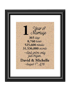 This is the perfect 1 year anniversary gift for that special lady or gentleman in your life. This particular print also makes a great wedding gift for that special couple.  1 Year of Marriage And We've Only Just Begun Anniversary Burlap or Cotton Personalized Print
