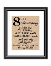 This is a great anniversary gift for that special couple celebrating 8 years of marriage. Print comes personalized with couples first names and wedding date.  8th Anniversary And we've Only Just Begun Personalized Burlap or Cotton Print