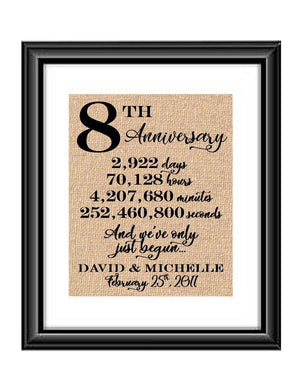 This is a great anniversary gift for that special couple celebrating 8 years of marriage. Print comes personalized with couples first names and wedding date.  8th Anniversary And we've Only Just Begun Personalized Burlap or Cotton Print
