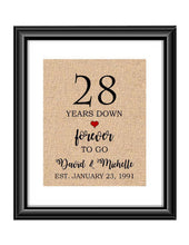 28 Years down forever to go is a personalized anniversary print to show that special loved one just how much you appreciate them. This makes for the perfect gift for your husband, wife, partents or any other couple celebrating 28 years!  28 Years Down Forever to Go Personalized Anniversary Burlap or Cotton Print