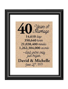 This is the perfect 40 year anniversary gift for that special lady or gentleman in your life. This particular print also makes a great wedding gift for that special couple.  40 Years of Marriage And We've Only Just Begun Anniversary Burlap or Cotton Personalized Print