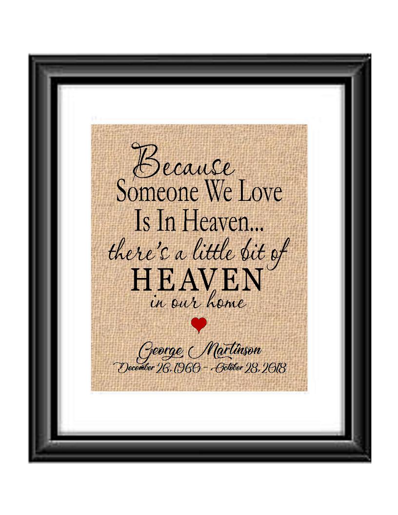 Here is a personalized print to remind us that heaven is not to far away and our loved ones are always with us. Print is personalized with name and dates and also the saying 