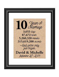 This is the perfect 10 year anniversary gift for that special lady or gentleman in your life. This particular print also makes a great wedding gift for that special couple.  10 Years of Marriage And We've Only Just Begun Anniversary Burlap or Cotton Personalized Print