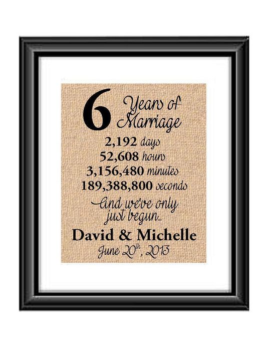This is the perfect 6 year anniversary gift for that special lady or gentleman in your life. This particular print also makes a great wedding gift for that special couple.  6 Years of Marriage And We've Only Just Begun Anniversary Burlap or Cotton Personalized Print