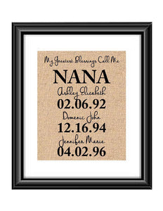 This handmade burlap print is the perfect gift for Mimi, Mom, Dad, Nana, Grandma - whatever you call that special person in your life! Ideal for many occasions like Christmas, Mother's Day, Father's Day, birthdays, any holidays, and more.  My Greatest Blessings Call Me NANA Burlap or Cotton Personalized Print