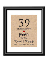 39 Years down forever to go is a personalized anniversary print to show that special loved one just how much you appreciate them. This makes for the perfect gift for your husband, wife, partents or any other couple celebrating 39 years!  39 Years Down Forever to Go Personalized Anniversary Burlap or Cotton Print
