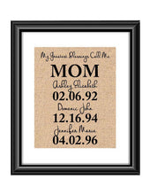 The Perfect Gift for Mom from Daughter, Mother Daughter Gift, or Mother of the Bride Gift Idea!  This handmade burlap print is the perfect gift for Mom, Mommy, Mum, Mother-whatever you call the special lady in your life! Ideal for many occasions like Christmas, Mother's Day, birthdays, any holidays, and more!  My Greatest Blessings Call Me MOM Burlap or Cotton Personalized Print