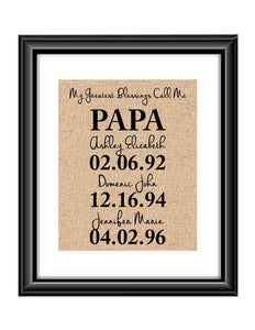 This handmade burlap print is the perfect gift for PAPA, Mimi, Mom, Dad, Nana, Grandma - whatever you call that special person in your life! Ideal for many occasions like Christmas, Mother's Day, Father's Day, birthdays, any holidays, and more.  My Greatest Blessings Call Me PAPA Burlap or Cotton Personalized Print