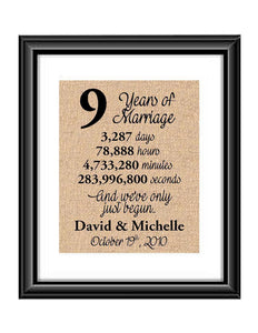 This is the perfect 9 year anniversary gift for that special lady or gentleman in your life. This particular print also makes a great wedding gift for that special couple.  9 Years of Marriage And We've Only Just Begun Anniversary Burlap or Cotton Personalized Print