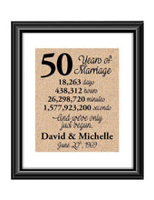 This is the perfect 50 year anniversary gift for that special lady or gentleman in your life. This particular print also makes a great wedding gift for that special couple.  50 Years of Marriage And We've Only Just Begun Anniversary Burlap or Cotton Personalized Print