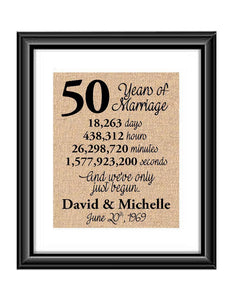 This is the perfect 50 year anniversary gift for that special lady or gentleman in your life. This particular print also makes a great wedding gift for that special couple.  50 Years of Marriage And We've Only Just Begun Anniversary Burlap or Cotton Personalized Print