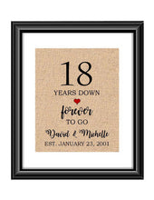 18 Years down forever to go is a personalized anniversary print to show that special loved one just how much you appreciate them. This makes for the perfect gift for your husband, wife, partents or any other couple celebrating 18 years!  18 Years Down Forever to Go Personalized Anniversary Burlap or Cotton Print