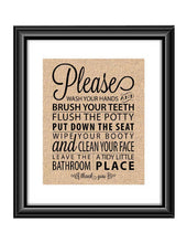 Bathroom Rules | Wash your Hands | Brush your Teeth | Flush the Potty | Put down the Seat | Wipe your Booty | Clean your Face | Bathroom  Bathroom Rules Wash your Hands, Brush your Teeth, Flush the Potty Burlap or Cotton Print