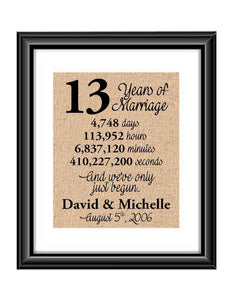 This is the perfect 13 year anniversary gift for that special lady or gentleman in your life. This particular print also makes a great wedding gift for that special couple.  13 Years of Marriage And We've Only Just Begun Anniversary Burlap or Cotton Personalized Print