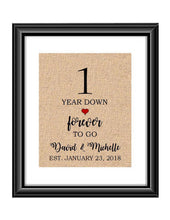 1 Year down forever to go is a personalized anniversary print to show that special loved one just how much you appreciate them. This makes for the perfect gift for your husband, wife, partents or any other couple celebrating 1 year!  1 Year Down Forever to Go Personalized Anniversary Burlap or Cotton Print