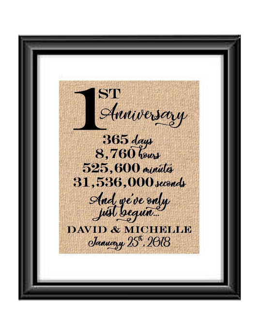 This is a great anniversary gift for that special couple celebrating 1 year of marriage. Print comes personalized with couples first names and wedding date.  1st Anniversary And we've Only Just Begun Personalized Burlap or Cotton Print