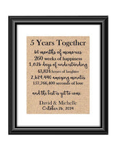 This is the perfect 5 year anniversary gift for that special lady or gentleman in your life. This particular print also makes a great wedding gift for that special couple.  5 Year Together Anniversary Burlap or Cotton Personalized Print