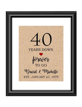 40 Years down forever to go is a personalized anniversary print to show that special loved one just how much you appreciate them. This makes for the perfect gift for your husband, wife, partents or any other couple celebrating 40 years!  40 Years Down Forever to Go Personalized Anniversary Burlap or Cotton Print