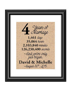 This is the perfect 4 year anniversary gift for that special lady or gentleman in your life. This particular print also makes a great wedding gift for that special couple.  4 Years of Marriage And We've Only Just Begun Anniversary Burlap or Cotton Personalized Print