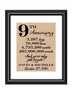 This is a great anniversary gift for that special couple celebrating 9 years of marriage. Print comes personalized with couples first names and wedding date.  9th Anniversary And we've Only Just Begun Personalized Burlap or Cotton Print