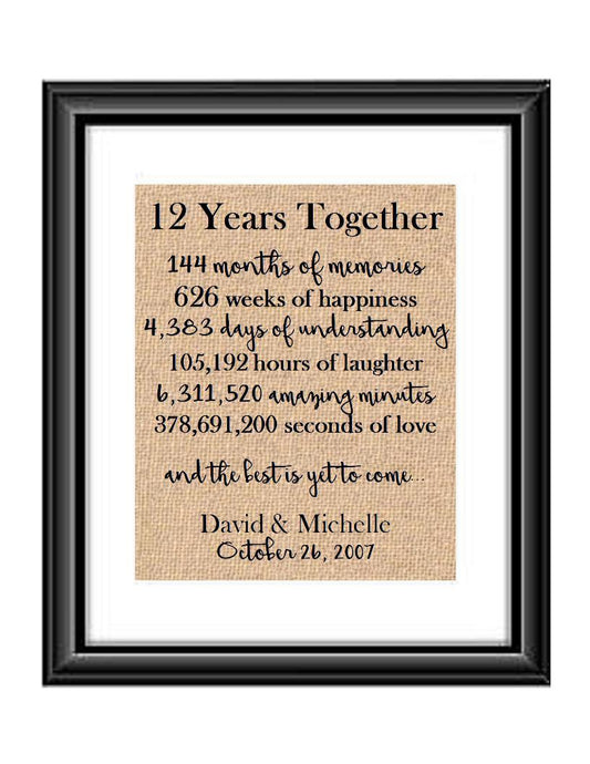 This is the perfect 12 year anniversary gift for that special lady or gentleman in your life. This particular print also makes a great wedding gift for that special couple.  12 Years Together And The Best is Yet to Come Anniversary Burlap or Cotton Personalized Print