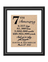 This is a great anniversary gift for that special couple celebrating 7 years of marriage. Print comes personalized with couples first names and wedding date.  7th Anniversary And we've Only Just Begun Personalized Burlap or Cotton Print