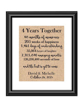 This is the perfect 4 year anniversary gift for that special lady or gentleman in your life. This particular print also makes a great wedding gift for that special couple.  4 Year Together Anniversary Burlap or Cotton Personalized Print