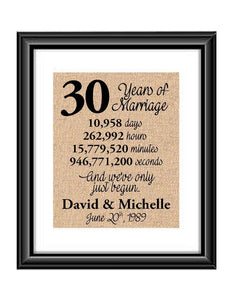 This is the perfect 30 year anniversary gift for that special lady or gentleman in your life. This particular print also makes a great wedding gift for that special couple.  30 Years of Marriage And We've Only Just Begun Anniversary Burlap or Cotton Personalized Print