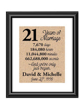 This is the perfect 21 year anniversary gift for that special lady or gentleman in your life. This particular print also makes a great wedding gift for that special couple.  21 Years of Marriage And We've Only Just Begun Anniversary Burlap or Cotton Personalized Print