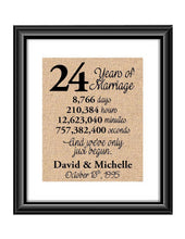 This is the perfect 24 year anniversary gift for that special lady or gentleman in your life. This particular print also makes a great wedding gift for that special couple.  24 Years of Marriage And We've Only Just Begun Anniversary Burlap or Cotton Personalized Print