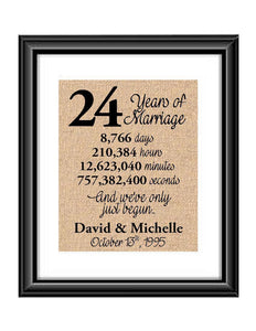 This is the perfect 24 year anniversary gift for that special lady or gentleman in your life. This particular print also makes a great wedding gift for that special couple.  24 Years of Marriage And We've Only Just Begun Anniversary Burlap or Cotton Personalized Print