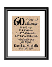 This is the perfect 60 year anniversary gift for that special lady or gentleman in your life. This particular print also makes a great wedding gift for that special couple.  60 Years of Marriage And We've Only Just Begun Anniversary Burlap or Cotton Personalized Print