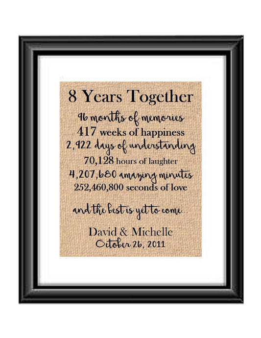 This is the perfect 8 year anniversary gift for that special lady or gentleman in your life. This particular print also makes a great wedding gift for that special couple.  8 Year Together Anniversary Burlap or Cotton Personalized Print
