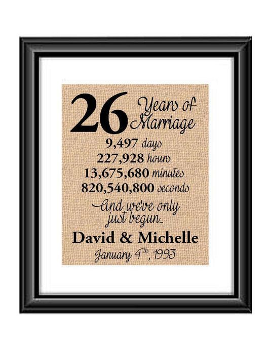 This is the perfect 26 year anniversary gift for that special lady or gentleman in your life. This particular print also makes a great wedding gift for that special couple.  26 Years of Marriage And We've Only Just Begun Anniversary Burlap or Cotton Personalized Print