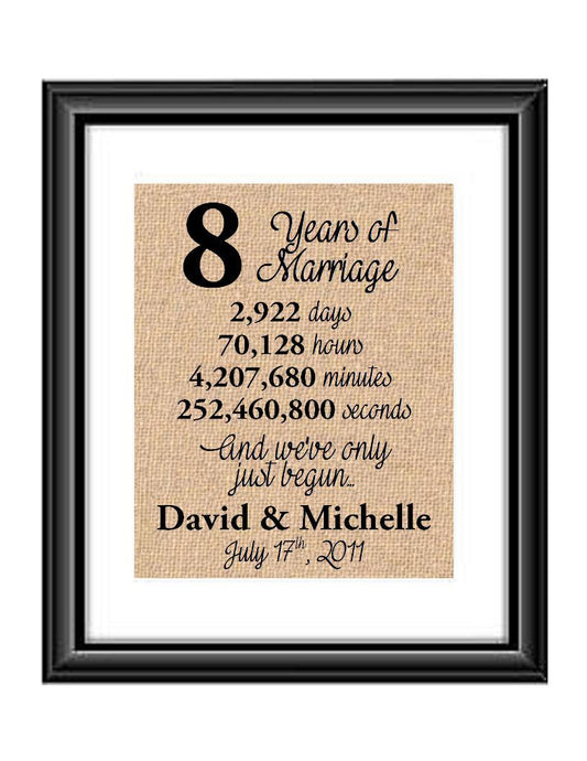 This is the perfect 8 year anniversary gift for that special lady or gentleman in your life. This particular print also makes a great wedding gift for that special couple.  8 Years of Marriage And We've Only Just Begun Anniversary Burlap or Cotton Personalized Print