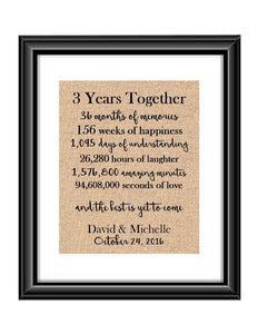 This is the perfect 3 year anniversary gift for that special lady or gentleman in your life. This particular print also makes a great wedding gift for that special couple.  3 Year Together Anniversary Burlap or Cotton Personalized Print